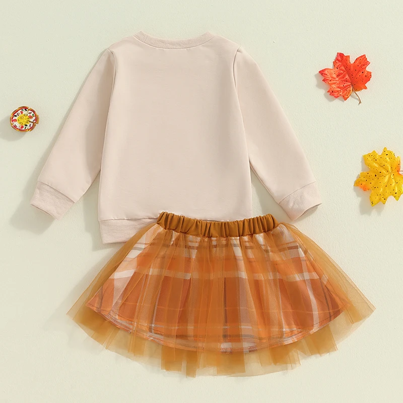 2024-05-23 Lioraitiin Kids Girls 2-piece Outfit Long Sleeve Letter Print Sweatshirt with Plaid Tulle Skirt Thanksgiving Clothes