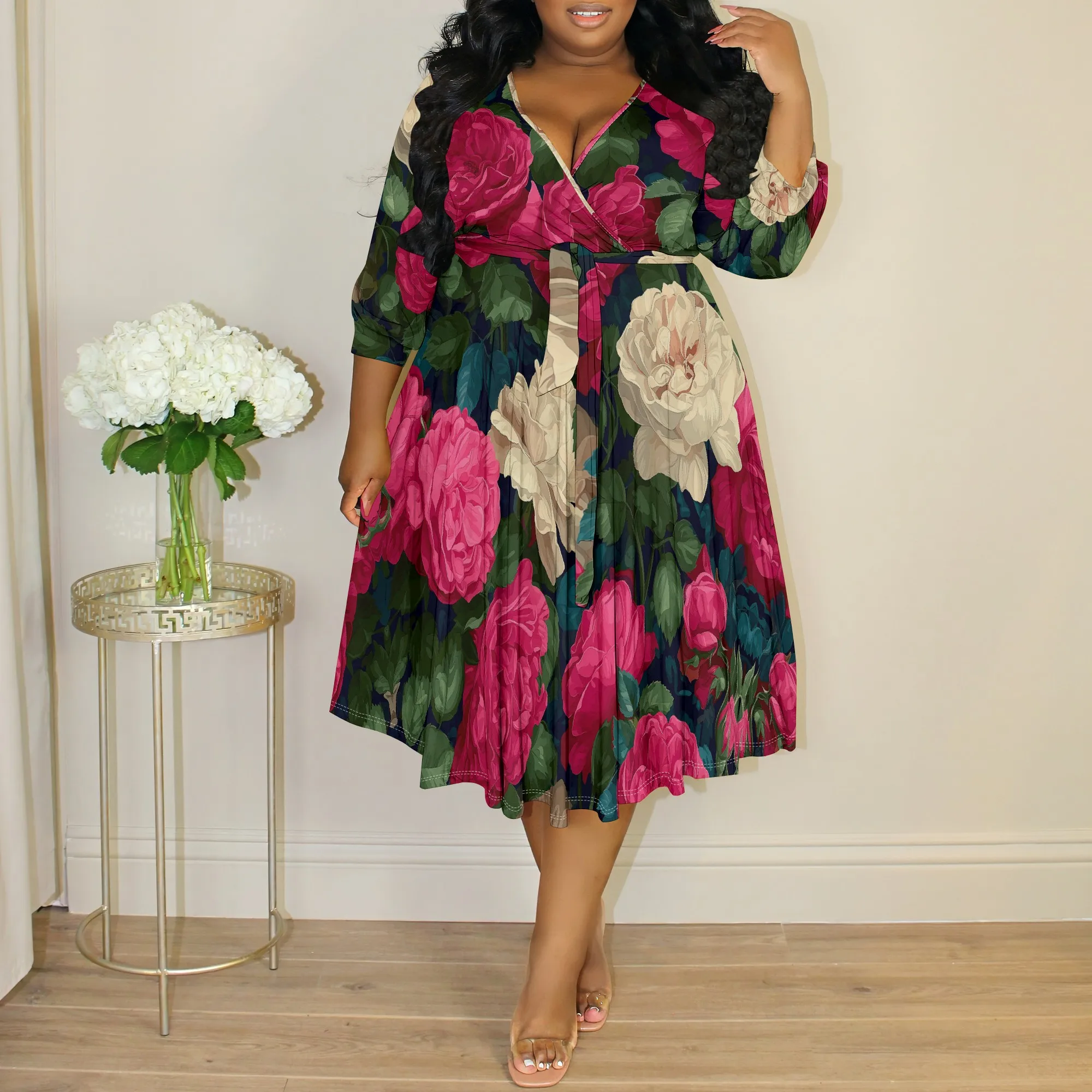 

Plus Size Women's V-Neck Dress, Elegant Floral Print Midi Gown, Three-Quarter Sleeve Wrap Dress, Party & Cocktail Outfit, XL-6XL