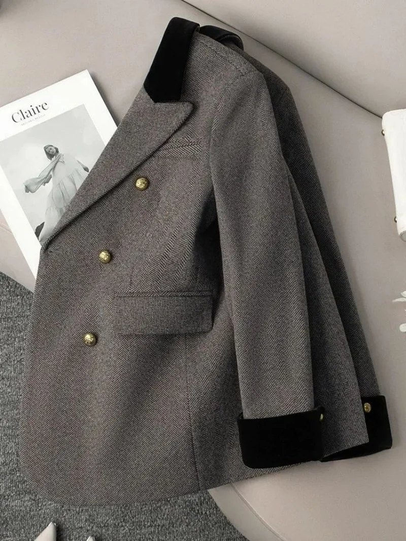 Grey Professional Suit Jacket For Women Autumn And Winter 2025 New Fashion Spliced Commuting Versatile Blazer Top w1397