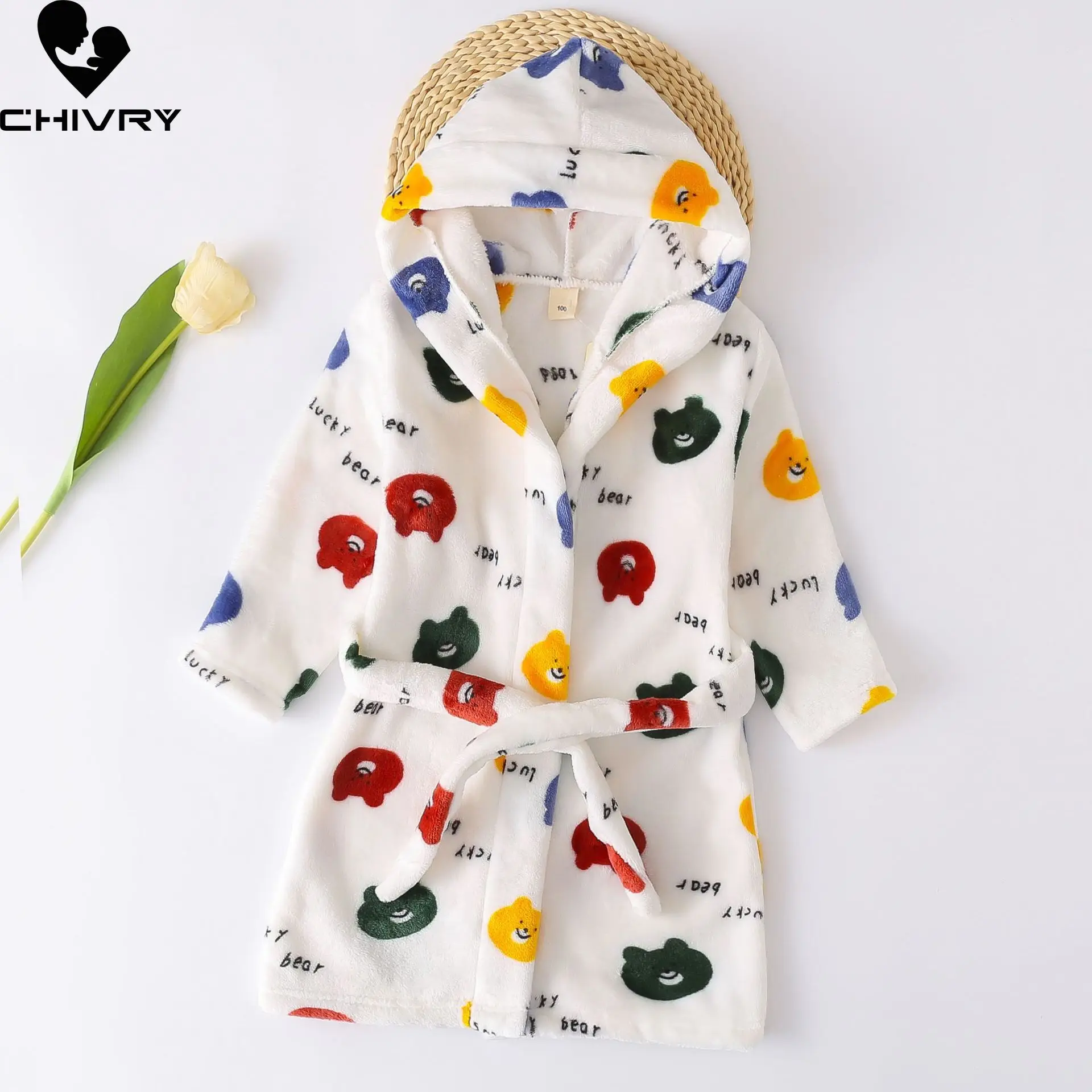 New Autumn Winter Kids Hooded Soft Flannel Bathrobe Baby Bath Robes Boys Girls Cute Cartoon Bear Pajamas Long Sleeve Towel Robe