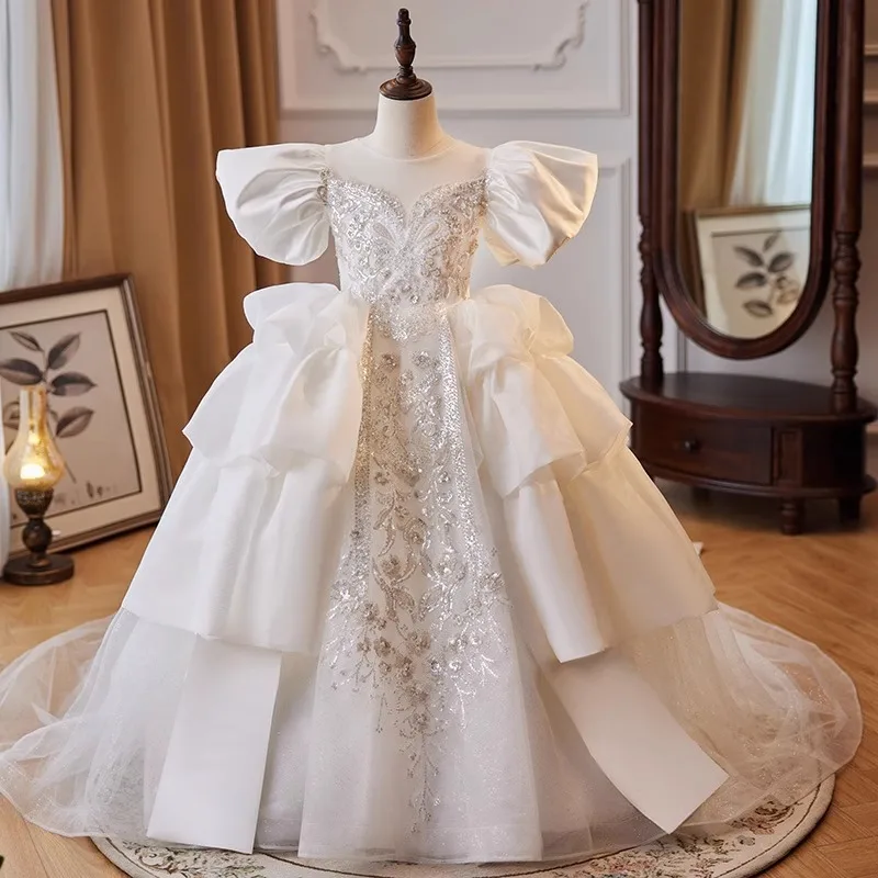 Princess Dress for Girls High-End Elegant Children's Wedding Dress Host Flower Girl Tail Birthday Piano Performance Dress Summer