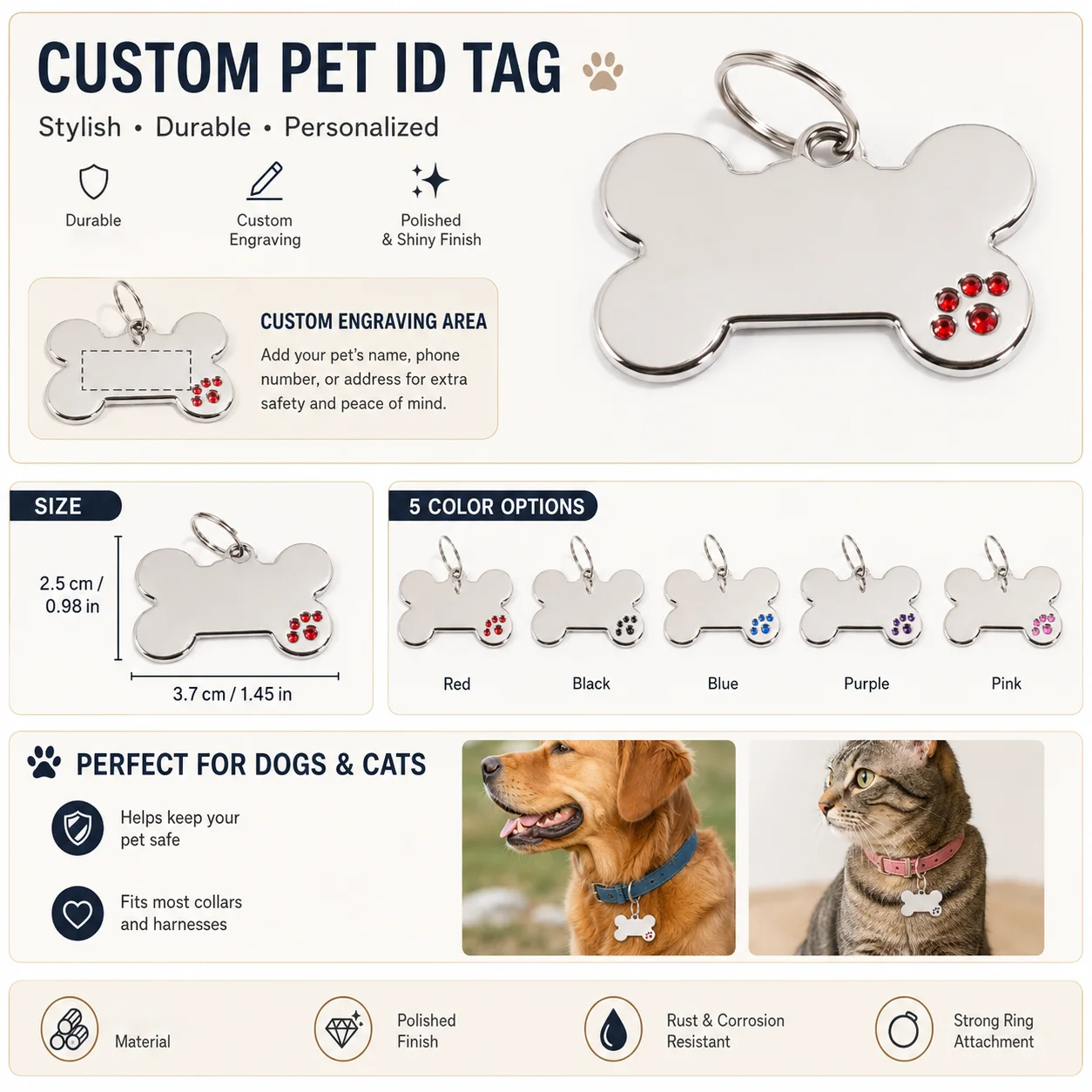 Custom Text Dog Tag, Laser Engraved Address and Number, Anti-Loss Steel Name Dog Tag, Paw Print Personalized Name Pet Tag