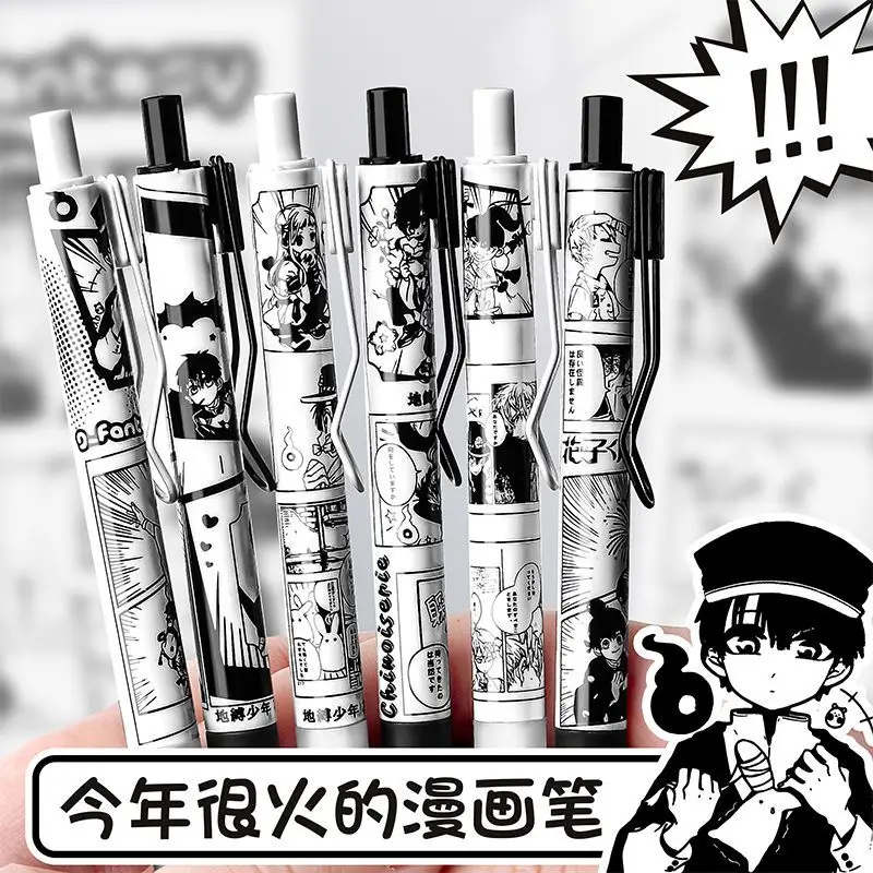 6Pcs/Pack Black White Manga Pattern Retractable Pens ST Point 05mm Black Ink Gel Pen Set With Pen Clip School Stationery
