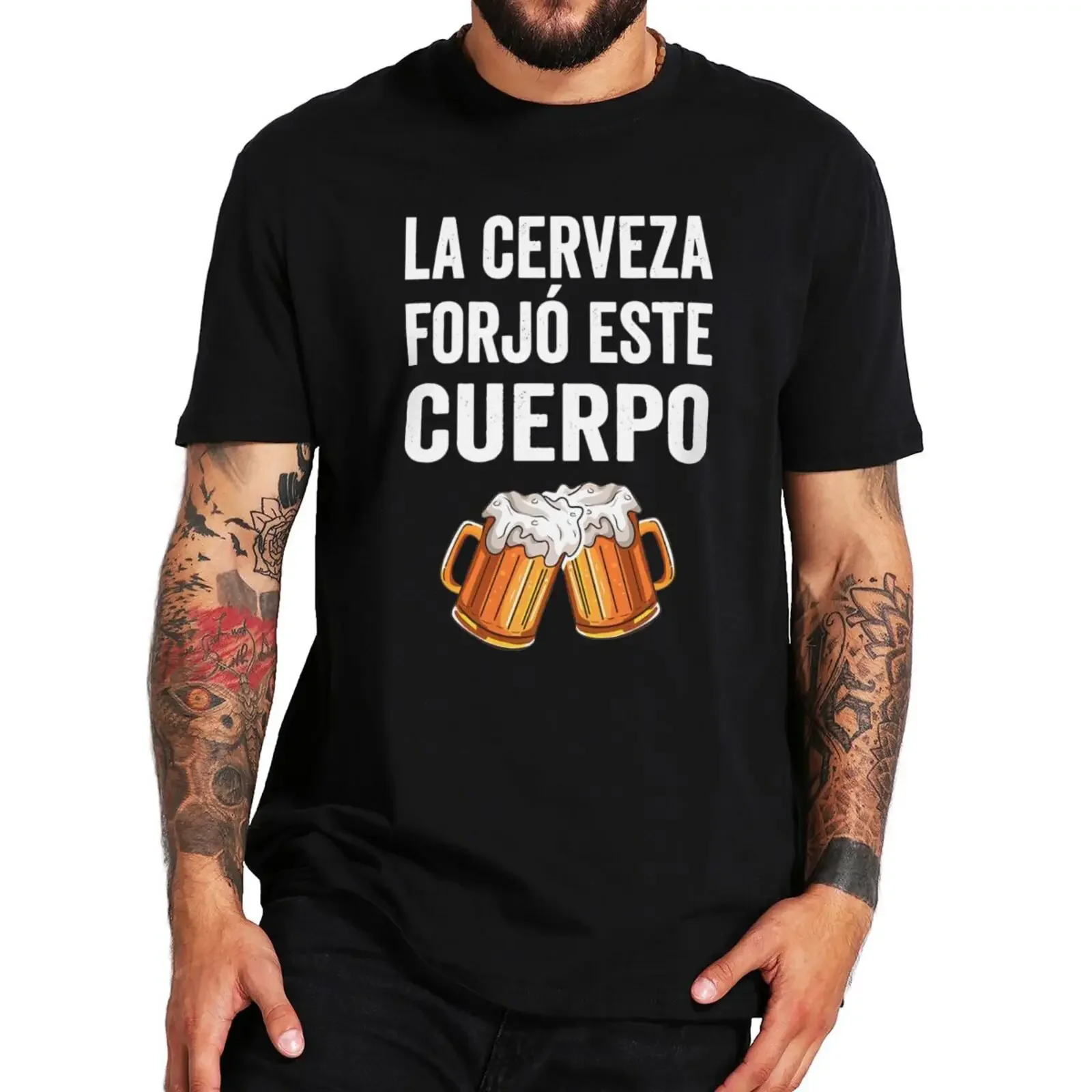 Vintage Spanish Texts Drinking Lovers Gift Tee Tops EU Size 100% Cotton Unisex Soft T-shirts Beer Shaped Body