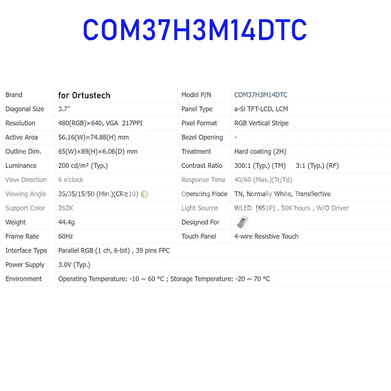 COM37H3M14DTC 3.7 Cal oryginalny LCD Panel wyświetlacza dla Ortustech nowy i szybka wysyłka 100% testowane