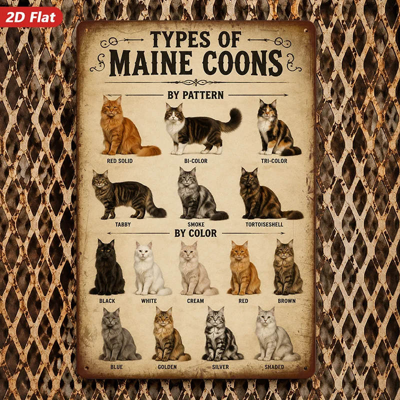2D Flat, 1pc Metal Sign Wall Art, Types of Maine Coons Home Decor, Cat Patterns, Vintage Style, for Living Room, Office, Safe Ro