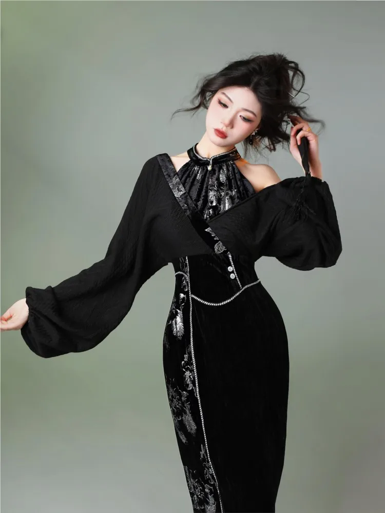

Новый бархатный вязаный черный длинный Cheongsam в китайском стиле с серебряным тиснением, искусственный комплект из двух предметов.