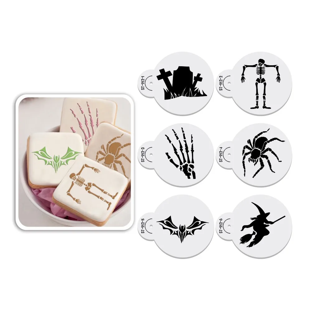 6pcs/set Halloween Spider/Skeleton Cookies Stencil Plastic Coffee Template DIY Fondant Biscuit Drawing Mold Cake Decorating Tool