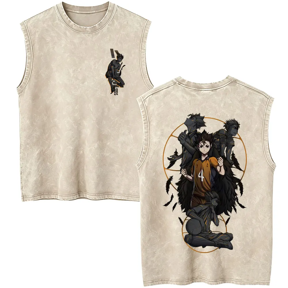 Anime Haikyuu Kozume Kenma Vintage Washed Tank Tops Men Women Cartoon Manga T Shirts Male Summer Cotton Sleeveless Vest T-shirt