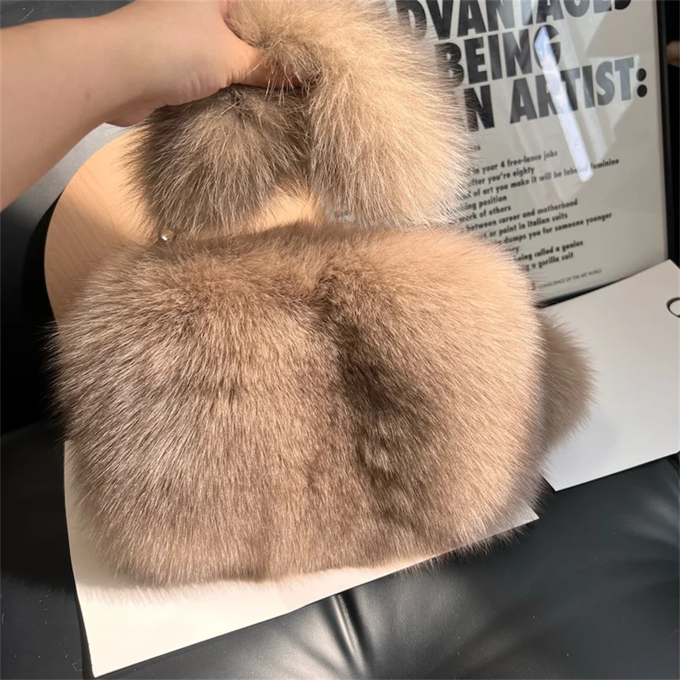 Damen Echtfell-Fuchspelz Kleine Quadratische Tasche Modische Weiche Plüsch-Handtasche Luxuriöse Crossbody-Schultertasche Flauschige Tragetasche für Frauen – Detail 11