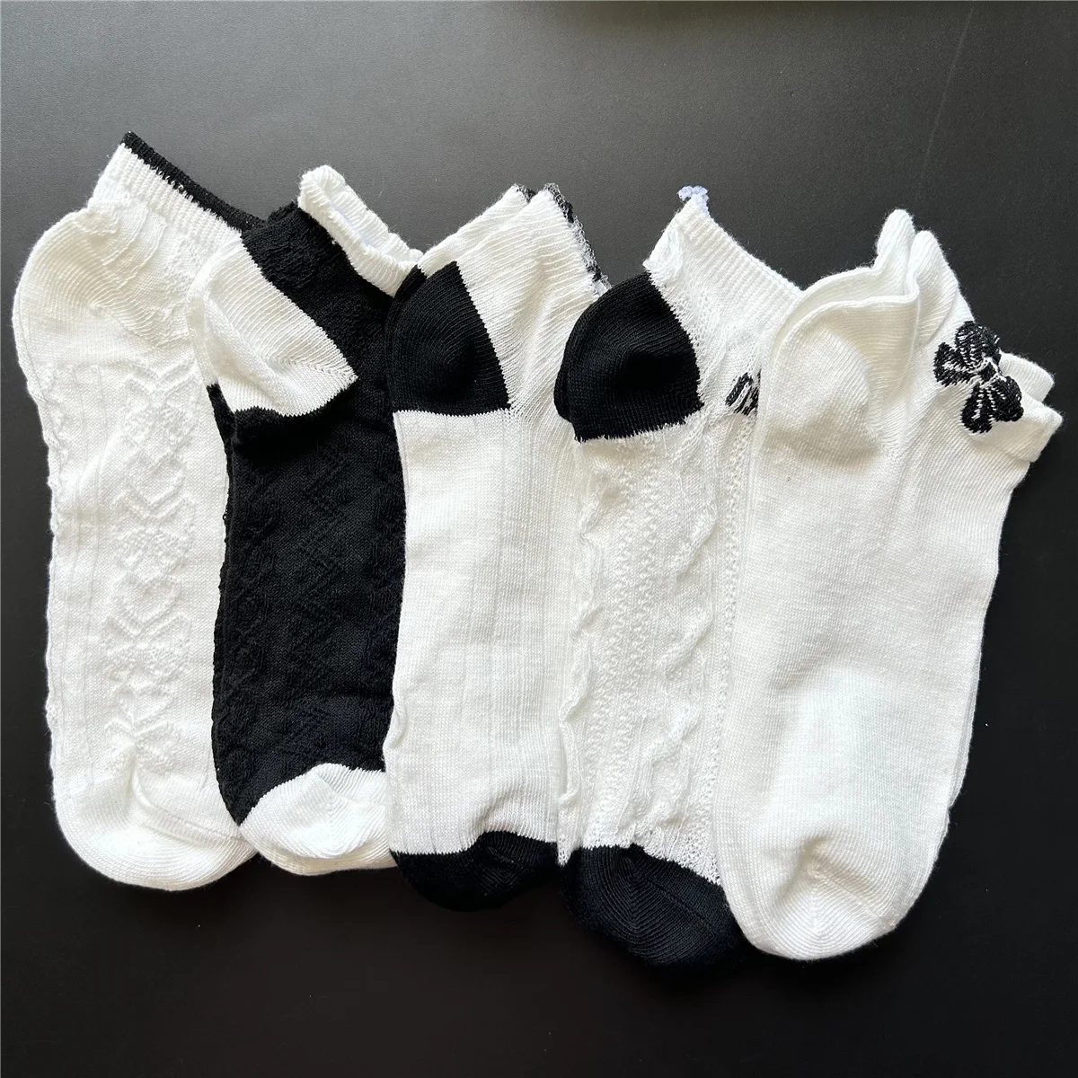 5pairs Women's Short Socks, Japanese & Korean Style Breathable White Mesh Lace Socks, Summer Butterfly Boat Socks