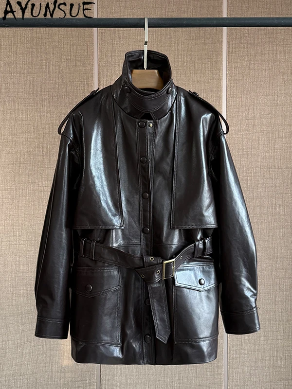 AYUNSUE 100% Genuine Sheepskin Women's Coat 2025 Autumn Mid Length Trench Coat Woman Clothes Leather Jackets with Belt 가죽자켓 여성