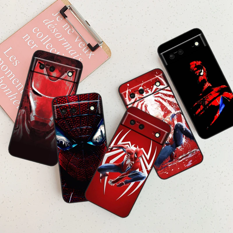 

Marvel Hero Spiderman Iron Man For Google Pixel 9 8 7A 7 6A 6 5A 5 4 4A XL 5G Black Silicon Shockproof Shell TPU Phone Case