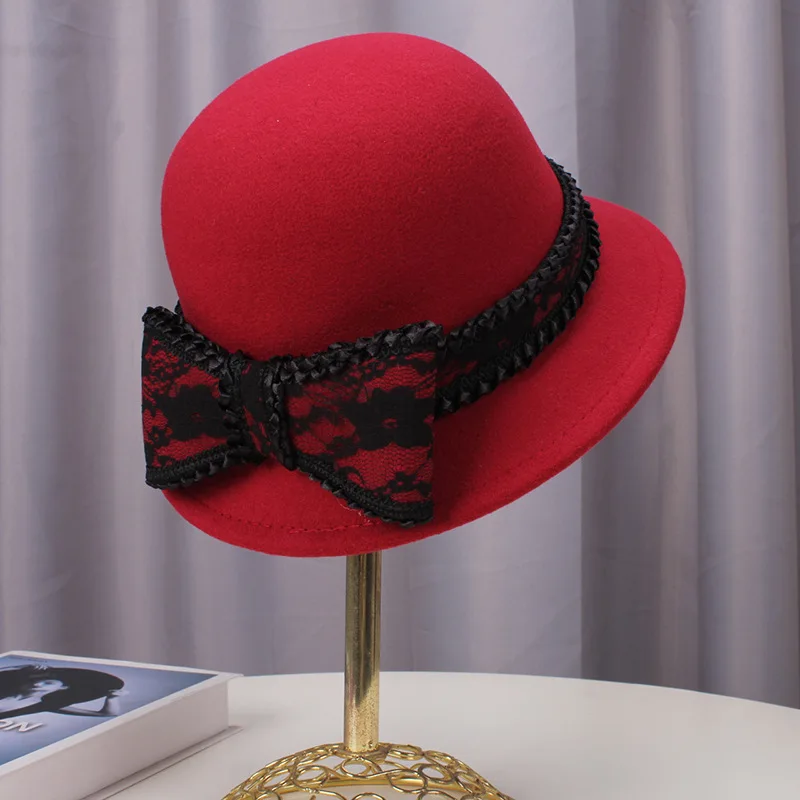 Women's Hat Autumn Winterfashion British Bows Fisherman Hat K-stylewoolen Small Top Hat Celebrity Small Brimmed Hat