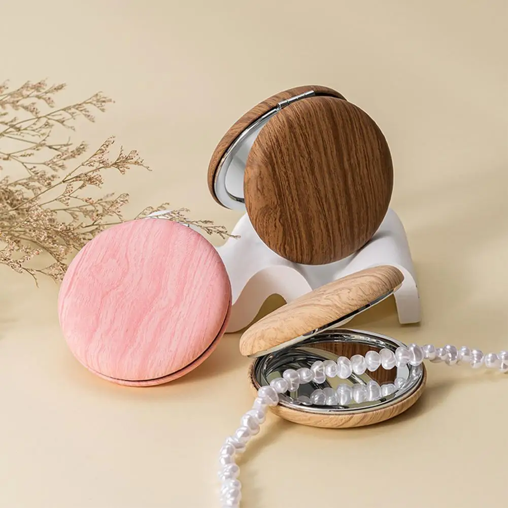 Pu Leather Pocket Mirror Vintage Portable Mirror Wood Grain Makeup Mirror Retro Chic For Handbag Travel Girls