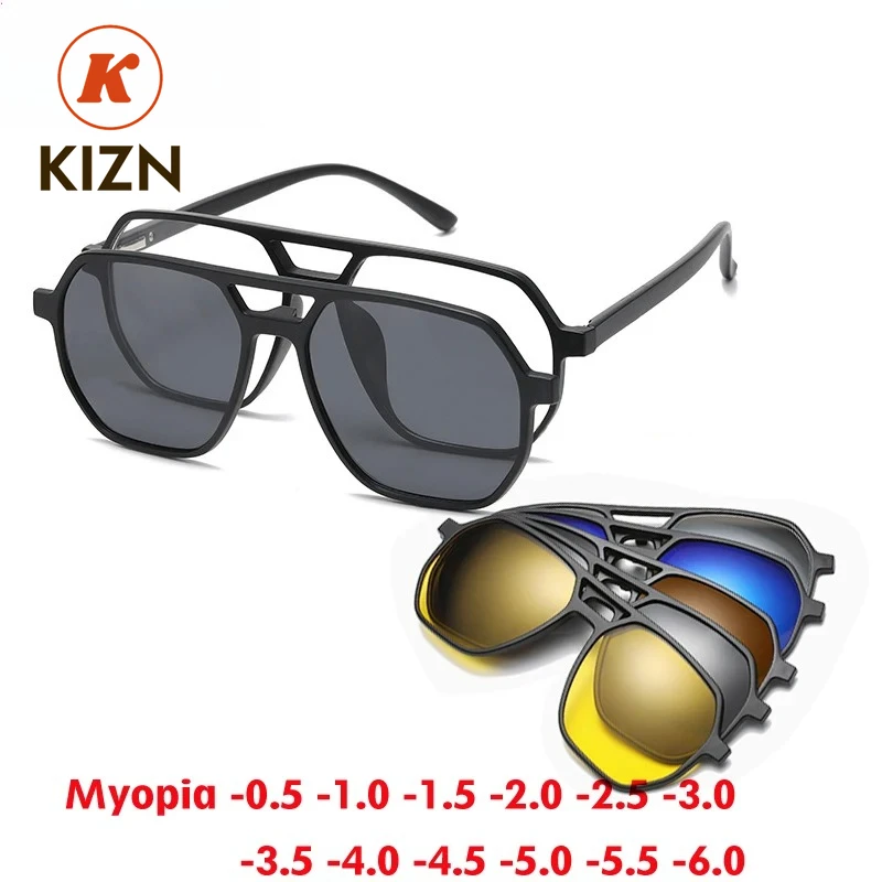

KIZN поляризационные солнцезащитные очки для близорукости в большой оправе 6 в 1, магнитный зажим по рецепту, мужские и женские очки, оптические очки от -0,5 до -6,0