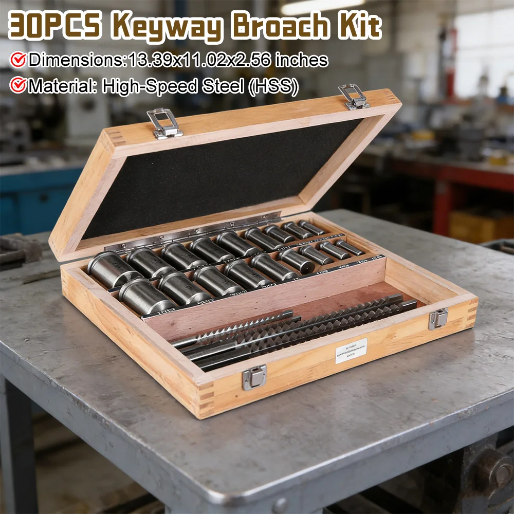 

30 Pcs Keyway Broach Kit HSS Industrial Tools for Lathe Metric Size 5 pcs Broach & 18 Collared Bushing & 7 Metric Cutting Tools