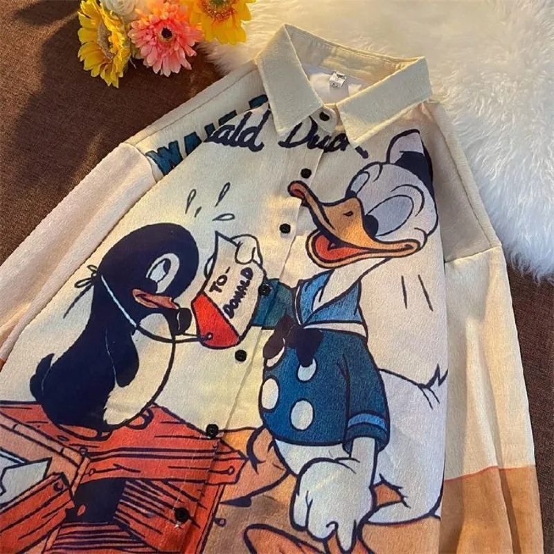 سترة قميص دونالد داك اللطيفة كاواي عصرية ومتعددة الاستخدامات للربيع والخريف قابلة للتنفس برسوم كارتونية كلاسيكية بأكمام طويلة