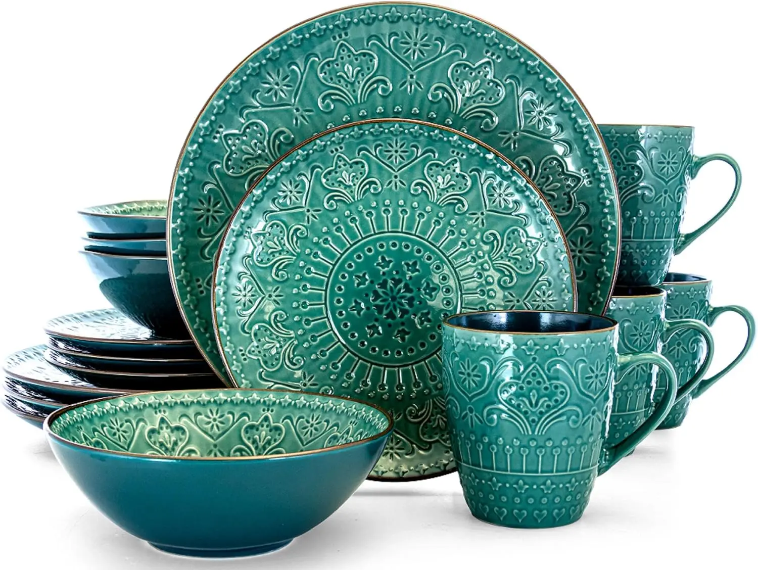 

Набор круглых столовых приборов из керамогранита из 16 предметов морского зеленого цвета, прочный и элегантный для повседневной столовой
