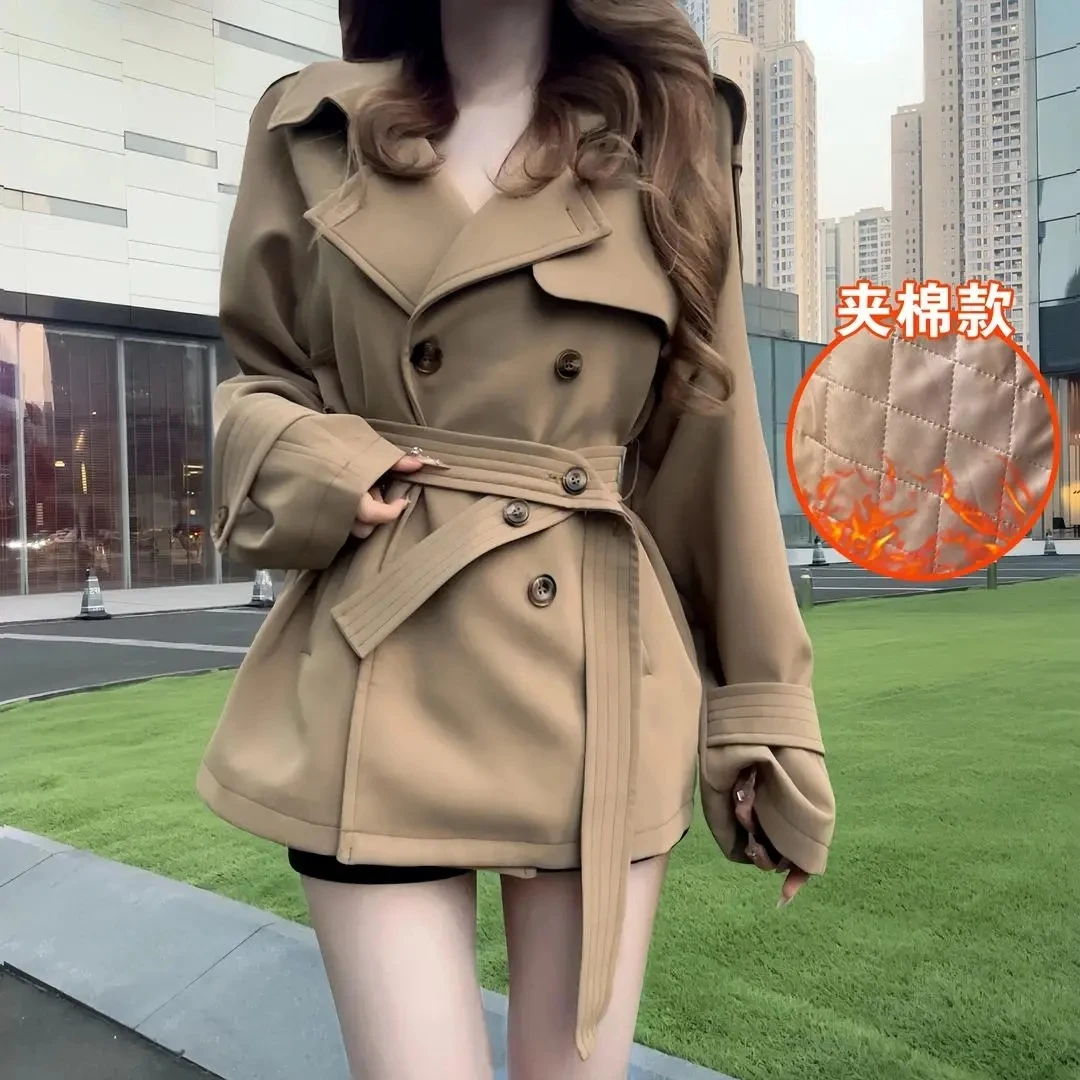 Chique casual curto trench coat jaqueta feminina outono inverno nova moda duplo breasted design cintura emagrecimento blusões