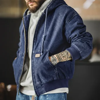 Maden Retro Men's J130 10.5oz Denim Jacket Heavyweight Washed Aged Hooded Jacket Zipper Work Coat with Large Pockets for Fall 2 Maden Retro Men's J130 10.5oz Denim Jacket Heavyweight Washed Aged Hooded Jacket Zipper Work Coat with Large Pockets for Fall 2