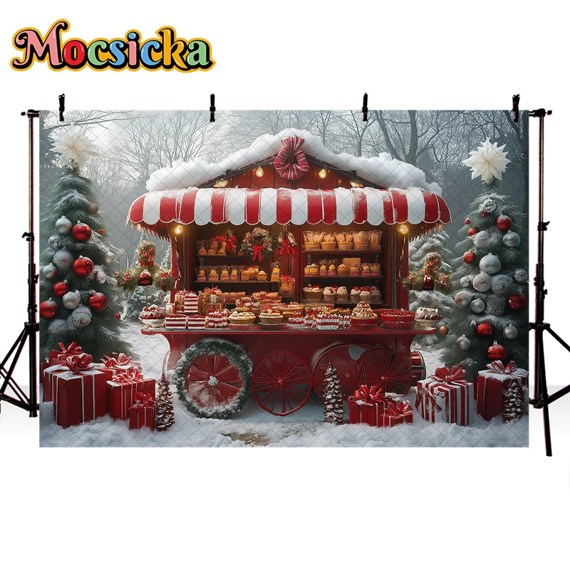 Christmas Candy Stand Photography Background Winter Forest Snow Gift Box Decor Kids Adult Family Portrait Photo Backdrop Studio