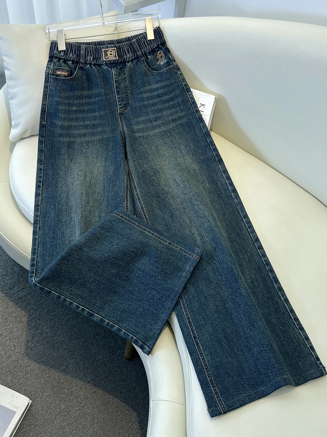 Retro Blue Wide Leg Jeans Women's Loose Straight Elastic Waist High Waist Slimming Jeans Casual Style Autumn Season Ladies' J...