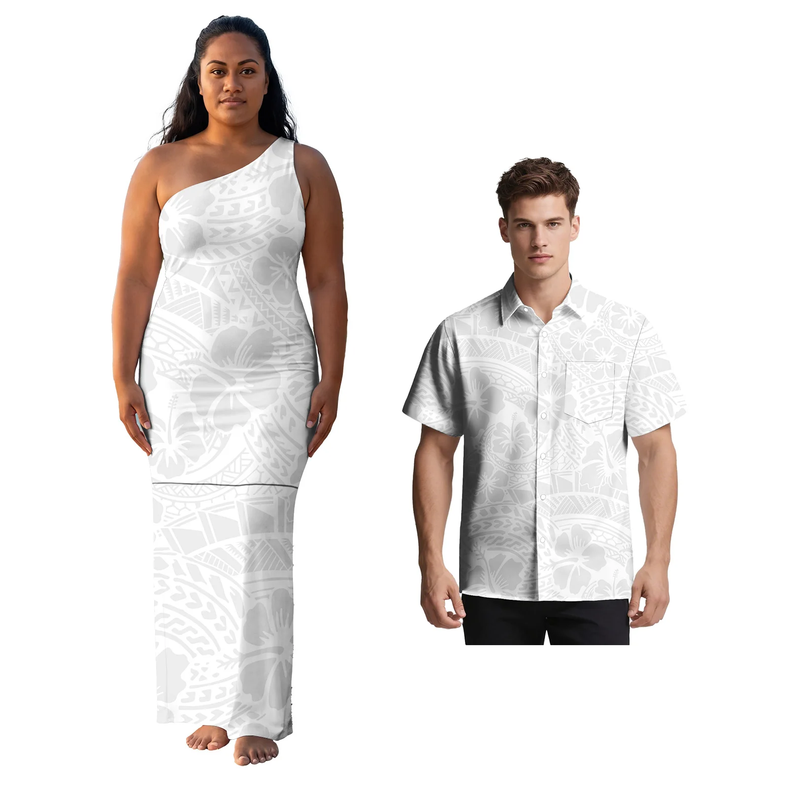 His and Hers White Clothes Polynesian Tropical Pattern Women Puletasi Dress Samoan Men Shirts Hawaiian White Sunday Couple Set