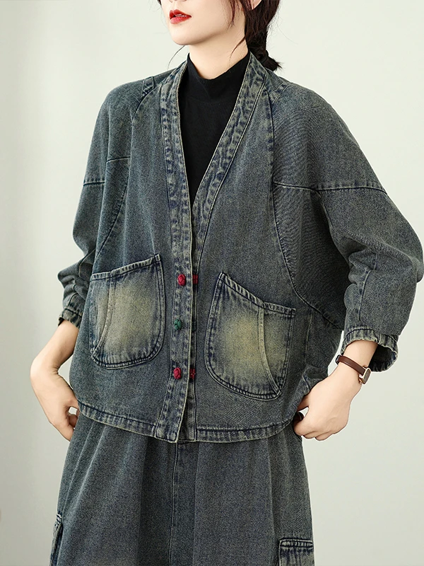 Conjunto Faion feminino de última geração vintage com botões jeans casual kets solto pessoal outono desgaste confortável ort Sve V-...