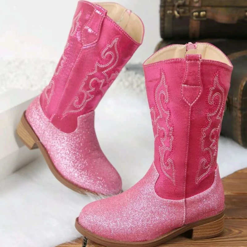 Winter Rose Red Children's Non-Slip Boots Embroidery Pattern Side Zipper Girls Small Heels Thigh-High Botas Suitable Daily Wear