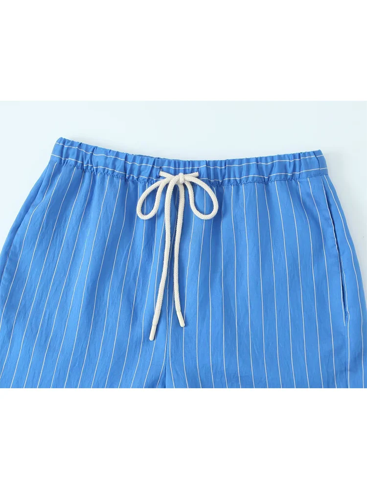 TFMLN Frauen Mode Streifen Hose Set Frühling Sommer Casual Tasche Langarm Bluse Top Gerade Spitze Up Hosen Blau Chic Anzug
