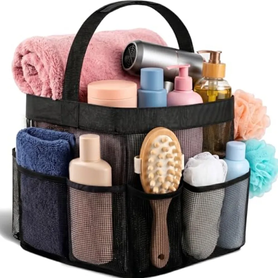 Shower Caddy Mesh - 9 Pocket Portable Bathroom Organizer Tote for Travel, Gym and Dorm - Collapsible Small Shower Caddy Bag to
