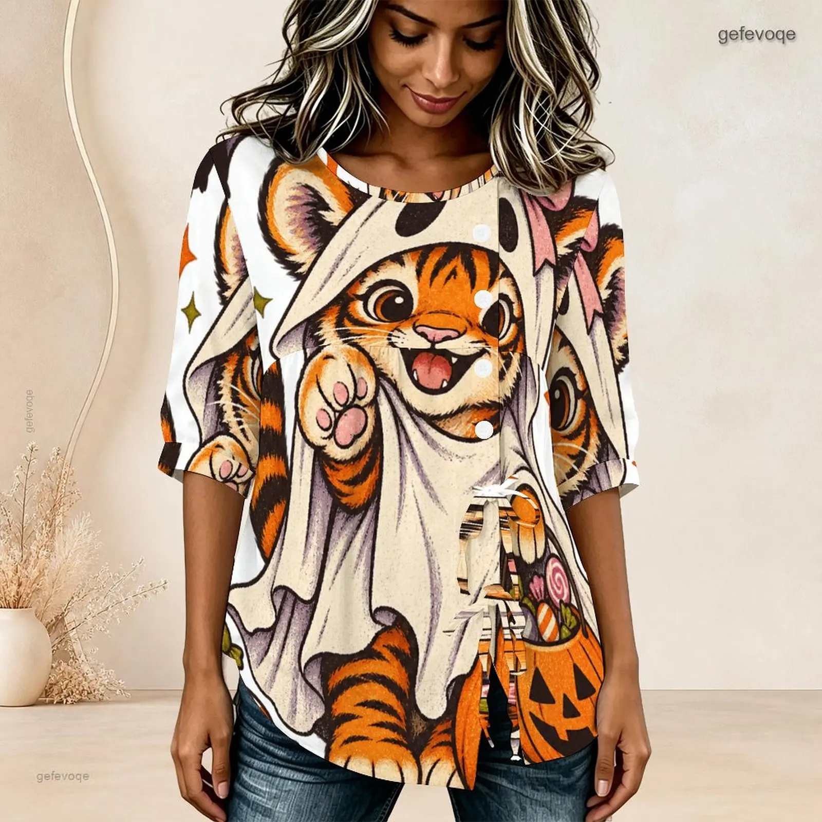 Women Blouse with Print Round Neck Half Sleeve Gathered Front Button Detail Tie Hem