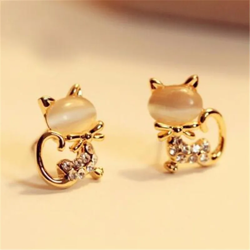 Cat Stud Earring Rhinestone Crystal Earring Cute Bowknow Animal Earrings Ear Stud For Women Jewelry  Girls Birthday Gifts