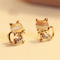 Pendiente con pasador de gato, pendiente de cristal con diamantes de imitación, bonito lazo, pendientes de animales, joyería para mujeres, regalos de cumpleaños para niñas