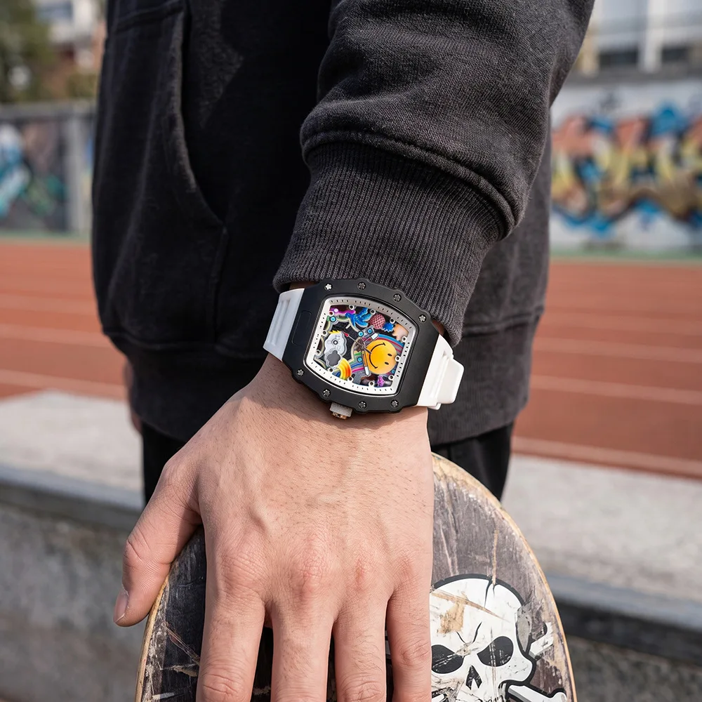 Men's Luminous Wine Barrel Quartz Watch, Men's Smiling Face Rainbow Hollow Silicone Watch