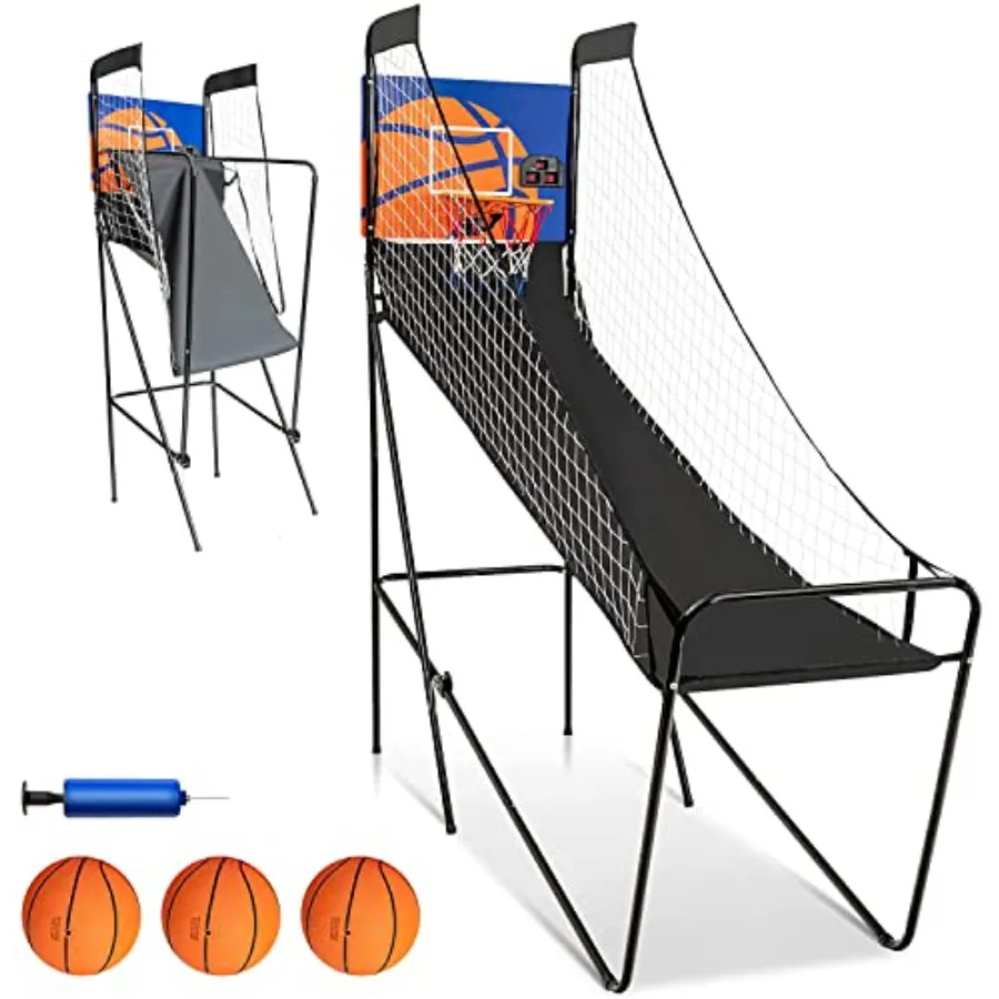 Indoor basketball arcade game for teens and adults: ABS plastic, black/red, LED scoreboard with single shootout mode, 3 basketb