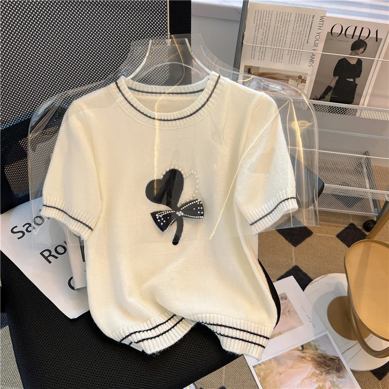 2023 Summer Sweater Women\'s Knit T-Shirt Jumpers Roune Neck Short Sleeve Black White Contrast 3D Love Beading Knitwear Tops Tees