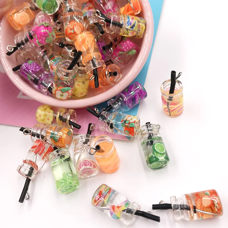 10Pcs Mixed Kawaii Fruits Cup Miniature Figure Resin Cabochon With Hook DIY Decoration Jewelry Making Pendant Charms Accessories