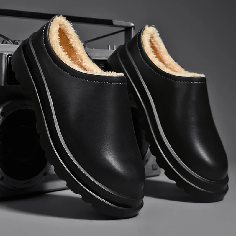 Warme Winter Man Slippers Man En Vrouwen Pu Waterdichte Katoenen Schoenen Voor Casual, Zakelijk En Kantoor Effen Kleur Grote Maat 46