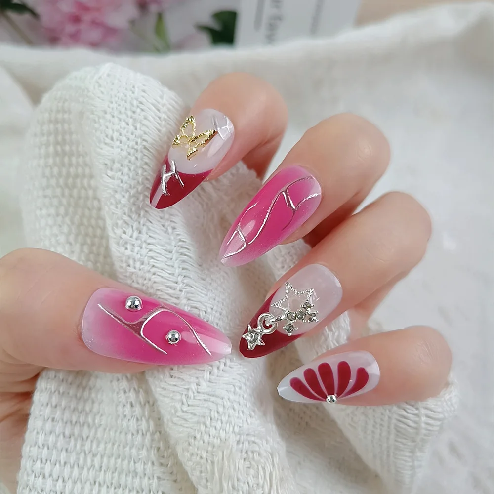 

24Pcs Mid-length French Almond False Nails Pink Gradient 3D Star Butterfly Press on Fake Nails Detachable Full Cover Nails Tips