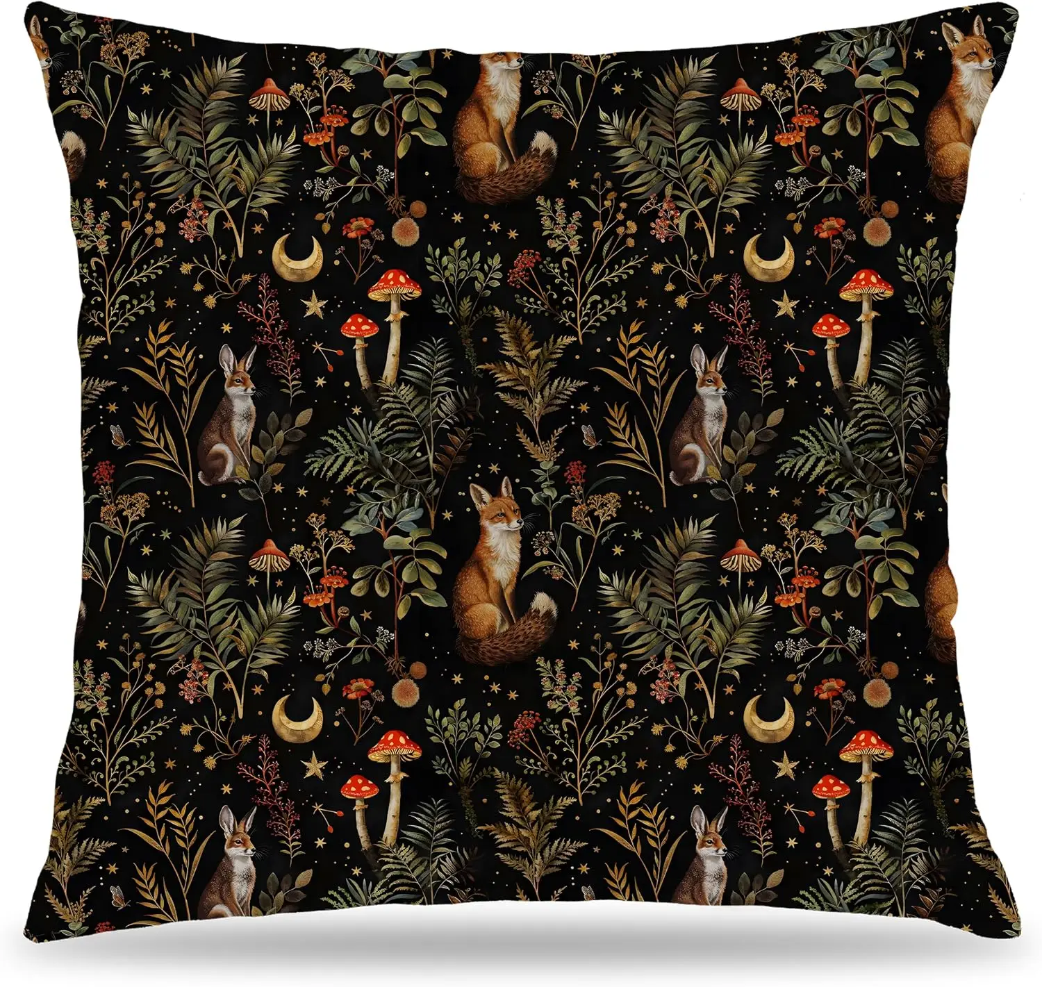 Dark Witchy Forest Woodland Animals Throw Pillow Covers 18x18 | Dark Cottagecore Witchy Room Home Decor, Gothic Fox Mushroom Pil
