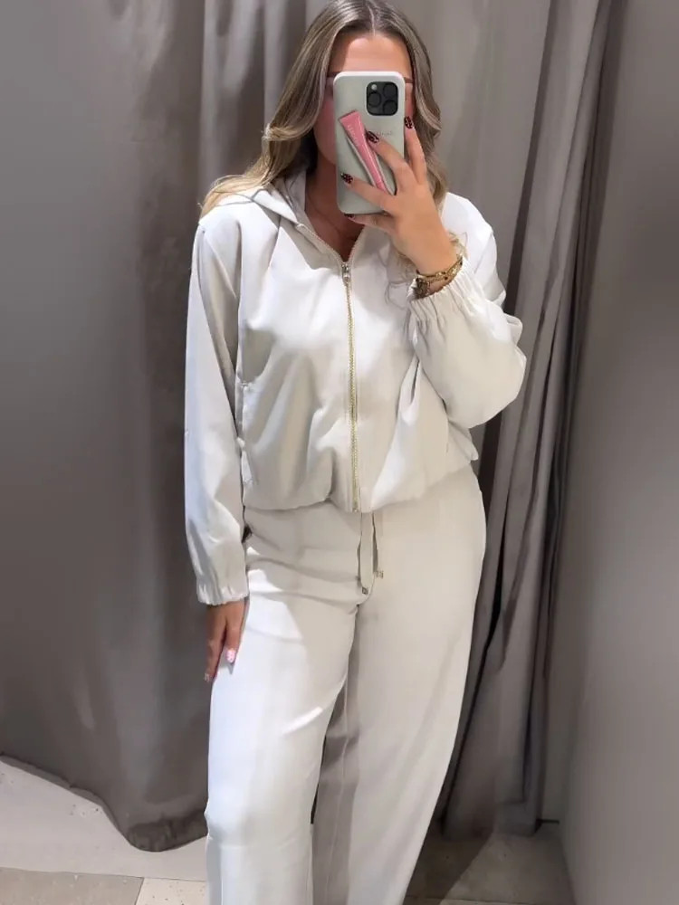 HH المرأة شيك التلبيب كم طويل جيوب طيات الديكور معطف قصير + حزام خصر مرن الصلبة فضفاض بنطلون موضة 2 قطعة مجموعة #3