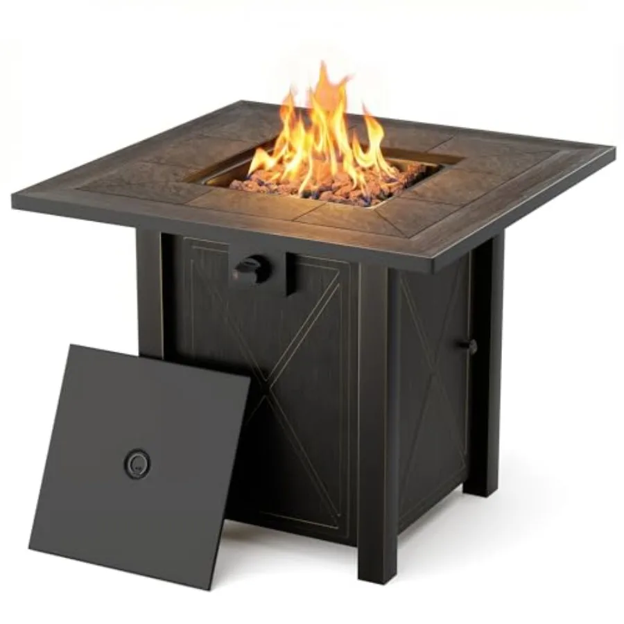 Outdoor propane fire pit table for dining and parties in patio, garden, yard; ceramic tabletop, black; 50000 BTU power, include