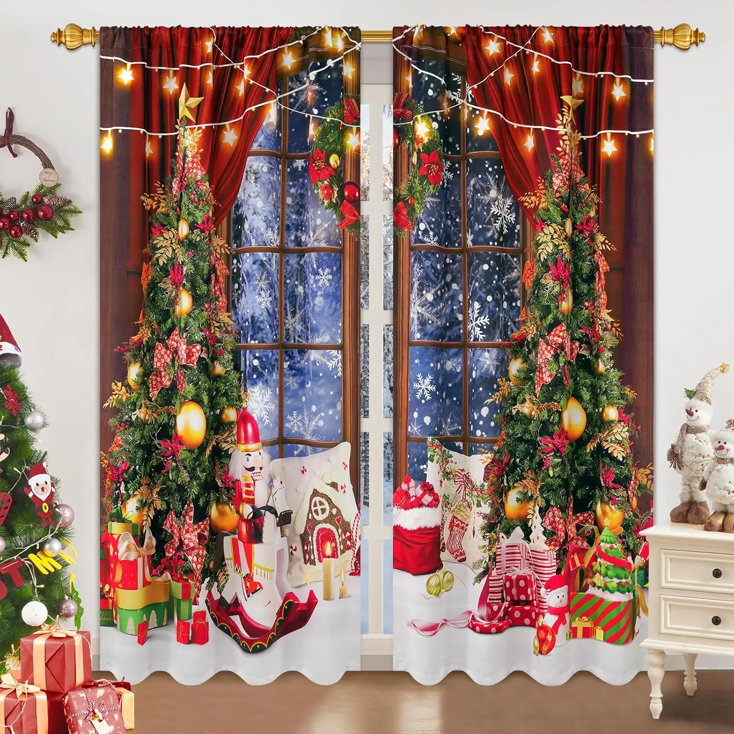 

Затемняющие шторы для рождественской елки для спальни, зимние снежные сцены, термошторы для гостиной, карман для стержня, рождественские украшения