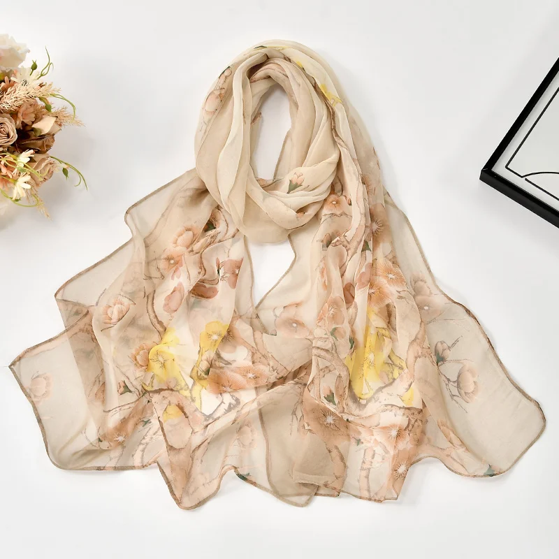 Pflaumenblüten-Chiffon-Schal, floral bedruckter Schal, leichter Halstuch, Sommer-Hals-Sonnenschutz, Seidenschal, Schal, 160 x 50 cm