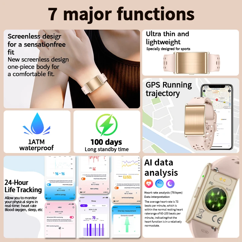 FOXBOX Smart Wristband No Screen GPS Running Trajectory Sleep Health Monitor Report Smart Bracelet Call Message Women's Watch