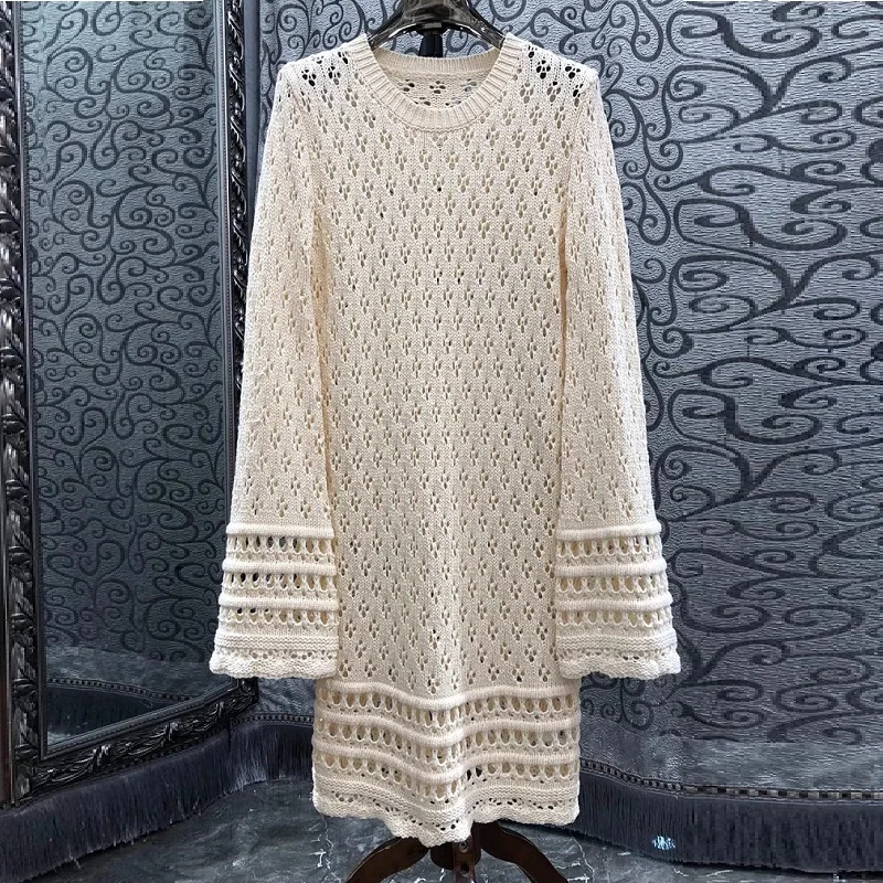 2024 Autumn Fashion Sweater Dress High Quality Women Allover Crochet Knitting Long Sleeve Casual Long Sweater Dress Winter Wear