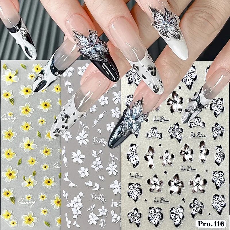 3D Flowers Nail Art Sticker White Black Yellow Petals Floral Adhesive Sliders Manicure Nail Stickers Decoration For Nail Tips