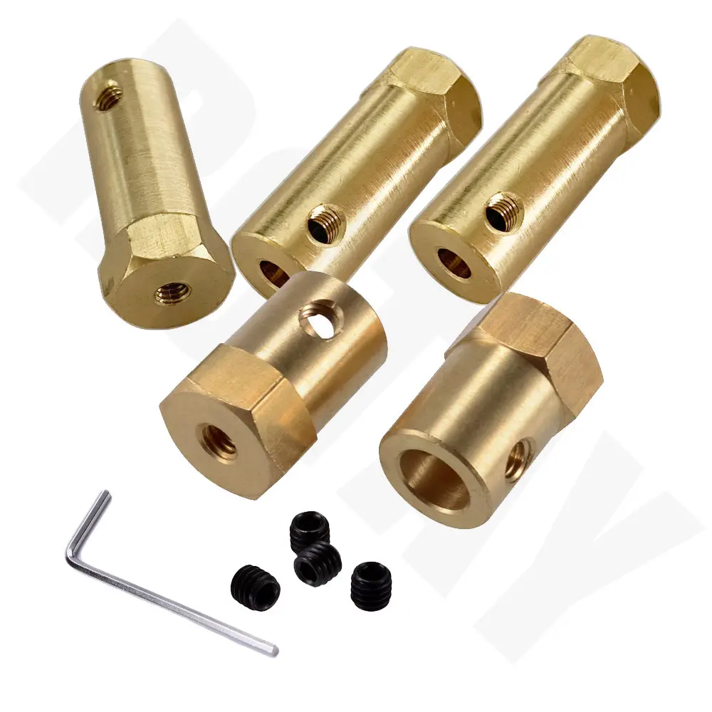 Hexagonal Brass Coupling Motor Conector com Parafusos Chave Modelo, Carro Rodas Pneus Eixo, 2mm, 3mm, 3mm, 4mm, 5mm, 6mm, 7mm, 8mm